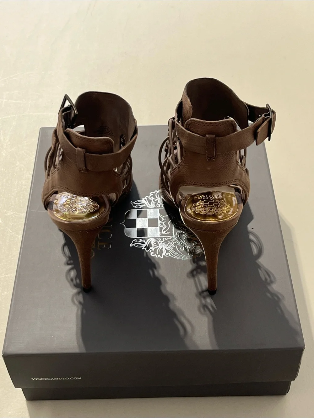 Vince Camuto Brown Lace-Up Caged Stiletto Sandals